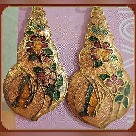 #Vintage #Cloisonne Floral & Butterfly Dangle Drop Pierced Earrings - Picture 3 of 4